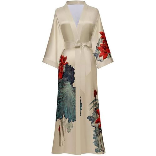 Long Kimono Robe Femmes Couvrir Imprimer Floral Satin Vêtements De Nuit Soyeux Peignoir Bachelorette Robe