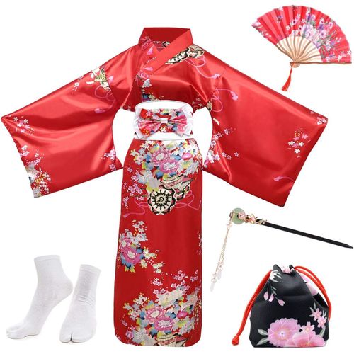 5 Pcs Robe Japonaise Geisha Yukata Robe Blossom Satin Peignoir Avec Sac À Cordon Main Ventilateur Épingle À Cheveux Tabi Chaussettes Ensemble