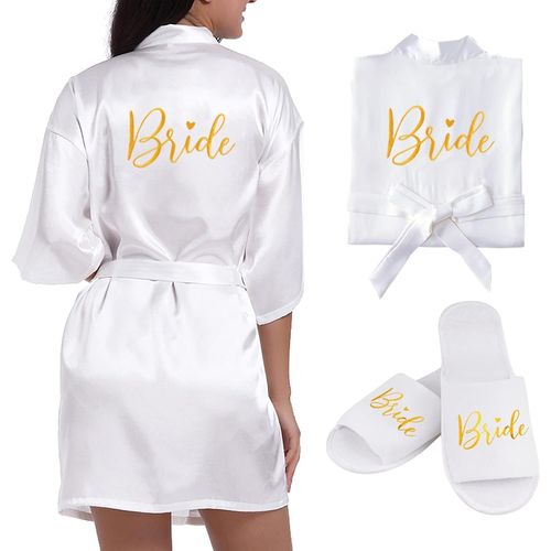 Ensemble De Peignoir Satin Femme Bride Robe De Chambre Mariee Et Pantoufles De Mariée Pour Chemise De Nuit Bride