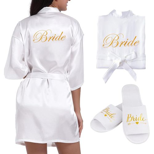 Ensemble De Peignoir Satin Femme Bride Robe De Chambre Mariee Et Pantoufles De Mariée Pour Chemise De Nuit Bride