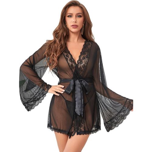 Chemise De Nuit Chic Manches Longues Nuisette Dentelle Femme Grande Taille Peignoir Kimono Courte Robe De Chambre Pyjamas Ete Légère Vêtements De Nuit