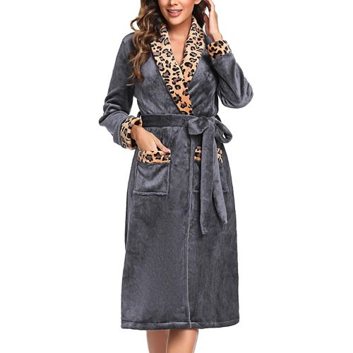 Robe De Chambre Femme En Polaire Douce Peignoir De Bain Femme Peignoir En Tissu Éponge Absorbant Avec Poche Et Ceinture À Col En V Imprimé Léopard