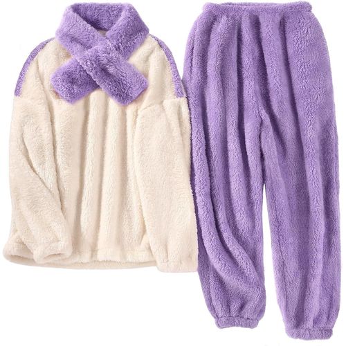 Pyjama Femme Hiver Pilou Ensembles De Pyjama Polaire,Vêtements De Nuit Deux Pièces Chemise De Nuit,Flanelle Sleepwear Avec Écharpe Cadeau Noël