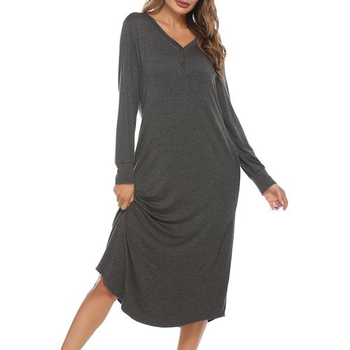 Chemise De Nuit Femme Manches Longues,Chemises De Nuit Femmes Grande Taille Col En V Avec Boutons Devant Poches Chemises De Nuit Femmes
