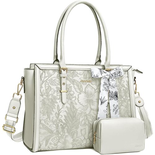 Sac Ordinateur Femme 15-15,6 Pouces,Sac Fourre-tout en Cuir PU Compatible avec MacBook,HP,Dell,Asus,Sac PC Portable Rétro Hibiscus Gaufré avec Écharpe Soie&Pochette,Beige.[G637]
