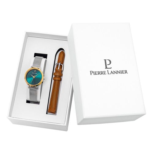 Coffret Montre Femme Pierre Lannier Chouquette Cadran Vert Bracelet Cuir Brun