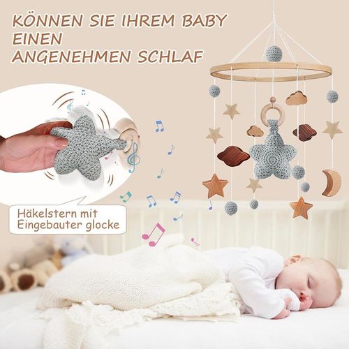 Bébé Carillons avec Nuages Lune Étoiles Mobile Fait à la main en Bois Crocheté Mobile Bébé Fille Cloche de Lit Pendentif à accrocher pour Lit Bébé Star Moon Clouds Mobile