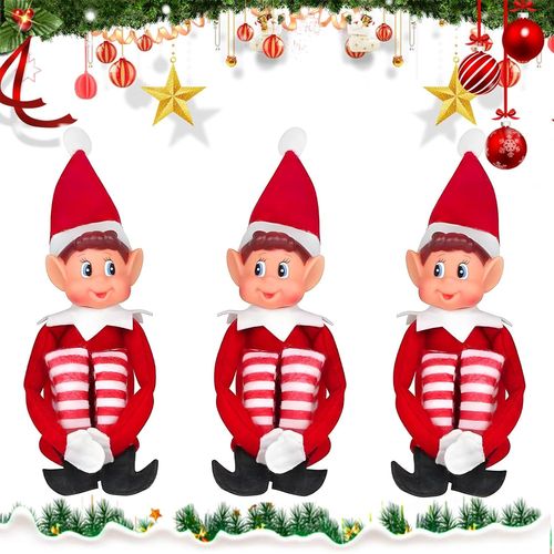 Lot de 3 Elvs Lutins Farceur Yeux Bleus Lutin de Noël, Corps Mou et Visage en Vinyle Elfe de Noël Farceur, Garçon Elfie Rouge