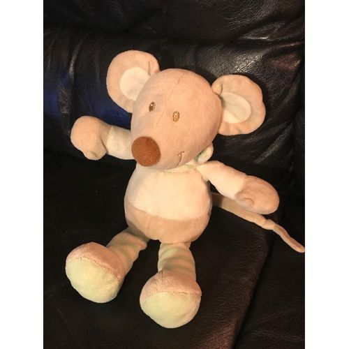 Doudou Peluche Souris Beige Jambe Rayée Blanc Et Vert Pommette 25cm