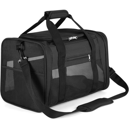 Sac Transport Chat, Sac Transport Chiot pour Avion Voiture, Pliable et Bonne Ventilation, 2 Ouvertures, avec Coussin Amovible et Lavable, Sac Porté par Main ou Bandoulière (Noir, Medium).[G378]