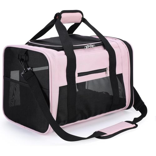Sac Transport Chat, Sac Transport Chiot pour Avion Voiture, Pliable et Bonne Ventilation, 2 Ouvertures, avec Coussin Amovible et Lavable, Sac Porté par Main ou Bandoulière (Rose, Medium).[G379]