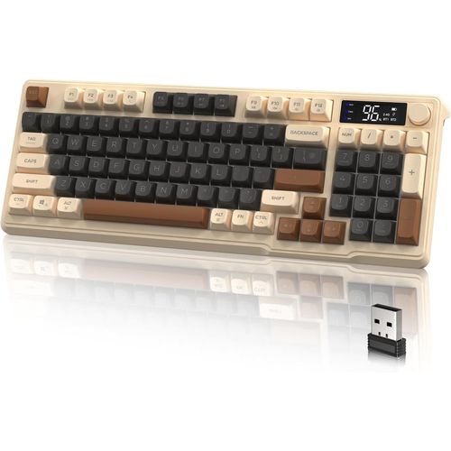 M96 Gaming Keyboard Clavier de Jeu sans Fil Dual Mode avec 2,4G et BT,Clavier Semi-mécanique Membraneà 94 Touche avec Display & Knob,Rainbow Backlit PBT Keycap 3000mAh Rechargeable-Café.[W299]