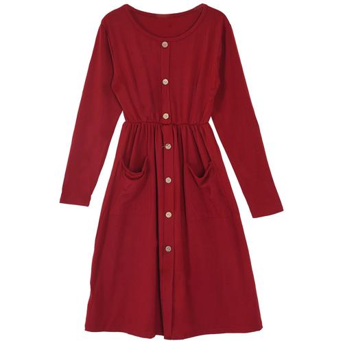 Automne Col Rond Taille Haute Bouton Midi Robe Femme Couleur À Manches Longues Vintage Robe Casual Robe De Soirée Rouge M