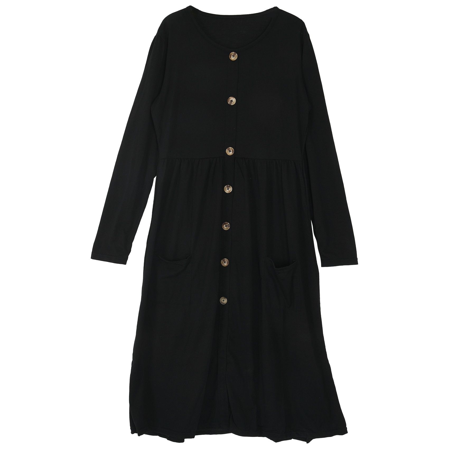 Automne Col Rond Poche Taille Bouton Bouton Robe Midi Femme Couleur À Manches Longues Robe Vintage Robe De Soirée Décontractée Noir Xl