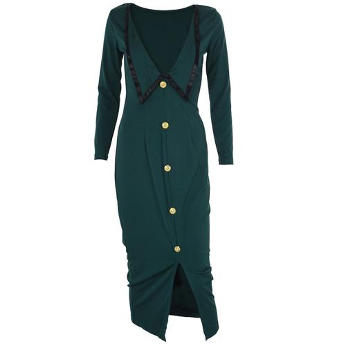 Automne Hiver Nouveau Pull Skinny Dames Robe Backless Bouton Split Mode Fit Élégante Robe De Fête De Soirée Bow Vintage Femmes Longue Robe Vert Foncé S