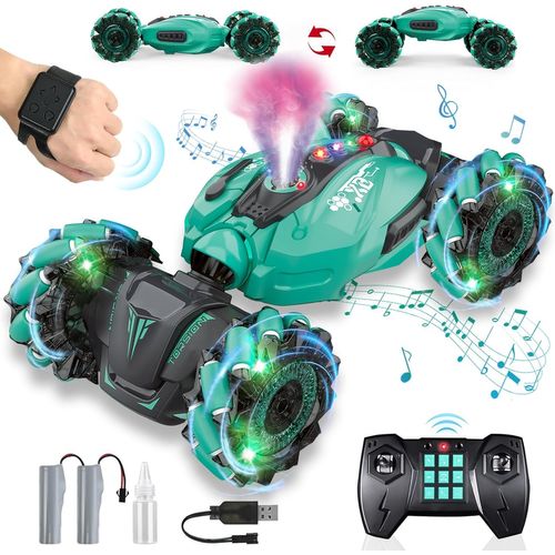 Voiture Télécommandée Enfant,RC Stunt Car Contrôlée à la Main,avec Lumière et Spray,Musique,Rotation à 360 Drift 4WD 2,4 GHz Voiture,Cadeau pour Filles Garçons Enfants de 6-12 Ans (Vert)