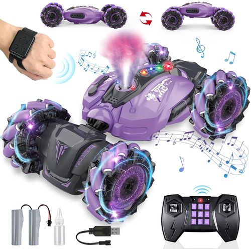 Voiture Télécommandée Enfant,RC Stunt Car Contrôlée à la Main,avec Lumière et Spray,Musique,Rotation à 360 Drift 4WD 2,4 GHz Voiture,Cadeau pour Filles Garçons Enfants de 6-12 Ans (Violet)