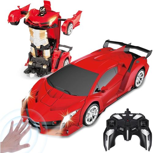 Transform Jouets,Transformable Voiture Télécommandée avec Gestes de la Main,Lumière Clignotante Batteries Musique et Effet Sonore,2,4G Robot Car Cadeau pour Enfants Garcon 3-10 Ans Rouge