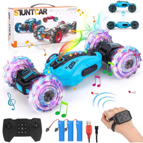 Voiture Télécommandée,avec Lumières et Musique,Pulvériser,2.4GHz RC Voiture Radiocommandee Jeux Extérieur Jouet Cadeau pour Garçon Fille 6-12 Ans,3 x Batterie