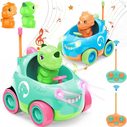 Voiture Télécommandée Enfant,Set de 2 Jouet Dinosaure Enfant,Dinosaure Voiture Telecommandé Enfant,Voiture Telecommandé Enfant avec Lumières et Musique,Cadeaux pour Enfants 2-6 Ans