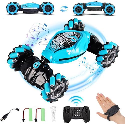 Voiture Télécommandée Enfant,4WD 2.4 GHz 360° Rotation RC Auto,RC Stunt Car avec Lumière et Musique,Capteur de Gestes Jouet Voitures Cadeau pour Enfants 6 7 8 9 10 Ans (Bleu)