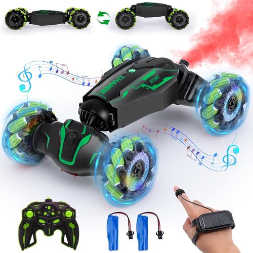 Voiture Telecommandé Tout Terrain,RC Stunt Auto avec la Main 2,4 GHz 4WD Offroad RC Spray Car avec Musique et Lumière,Cadeau Enfants 6 7 8 9 10+ Ans Vert