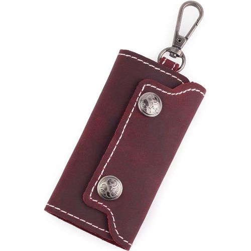 Portefeuille Fin En Cuir Véritable Fait À La Main 3 Plis Porte-Clés En Cuir Véritable Avec 6 Crochets Pour (Rouge Foncé)