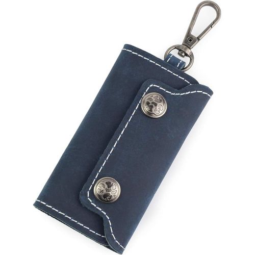 Portefeuille Fin En Cuir Véritable Fait À La Main 3 Plis Porte-Clés En Cuir Véritable Avec 6 Crochets Pour (Bleu Foncé)