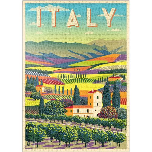 Paysage Rural Romantique, Italie, Style Art Déco Affiche Vintage, Illustration - Premium 1000 Pièces Puzzle - Collection spéciale de Puzzle Galaxy