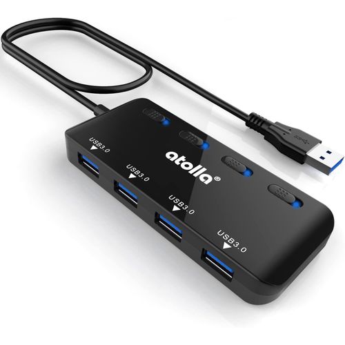 Hub USB 3.0 Multiprise,Data Hub 4 Ports Ultra Fin avec câble étendu de 60 cm et Voyants de Commutateurs d'alimentation Individuels