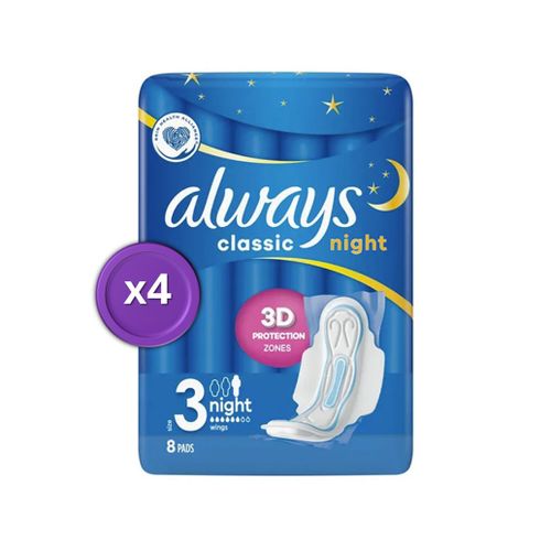 Lot De 4 Paquets De 8 Serviettes Hygiénique Always Classic Night Taille 3 - 3d Protection = 32 Serviettes 
