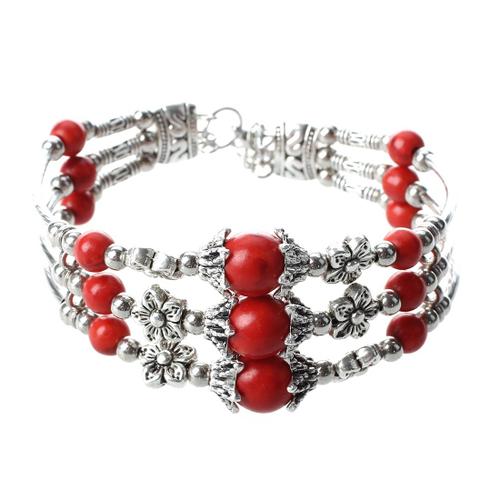 Bracelet Gourmette Perle Turquoise Rouge Tibet Argent