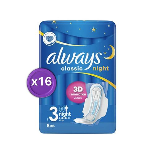 Lot De 16 Paquets De 8 Serviettes Hygiénique Always Classic Night Taille 3 - 3d Protection = 128 Serviettes 