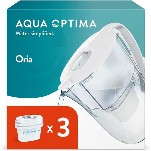 Oria Carafe Filtrante Et 3 Cartouches Filtrantes Evolve+ 30 Jours,Capacité 2,8 Litres,Pour La Réduction Des Microplastiques,Du Chlore,Du Calcaire Et Des Impuretés,Blanc