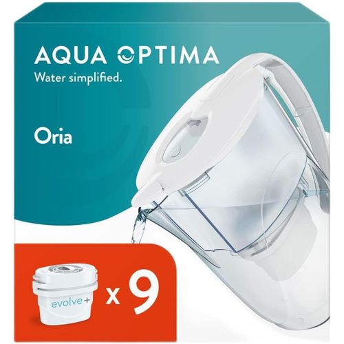 Oria Carafe Filtrante Et 9 Cartouches Filtrantes Evolve+ 30 Jours,Capacité 2,8 Litres,Pour La Réduction Des Microplastiques,Du Chlore,Du Calcaire Et Des Impuretés,Blanc.