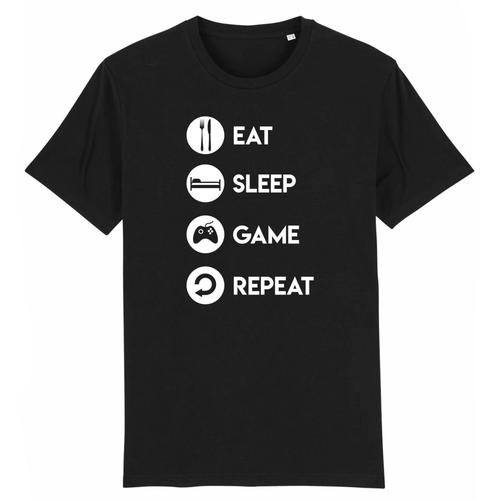 T Shirt Geek "Eat Sleep Game Repeat" - Pour Homme - Confectionné En France - Coton 100% Bio - Cadeau Anniversaire Geek Original Rigolo