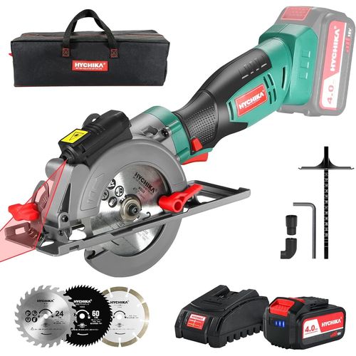 KYAOAYO-Hychika Scie Circulaire Sans Fil 18V, 4.0Ah Li-Ion Batterie 3500Rpm Petite Scie Circulaire, 3 Lames(115 Et 125Mm), Guide Laser, Profondeur De Coupe 48Mm(90°), 32Mm(45°) Pour Couper Du Bois Mé