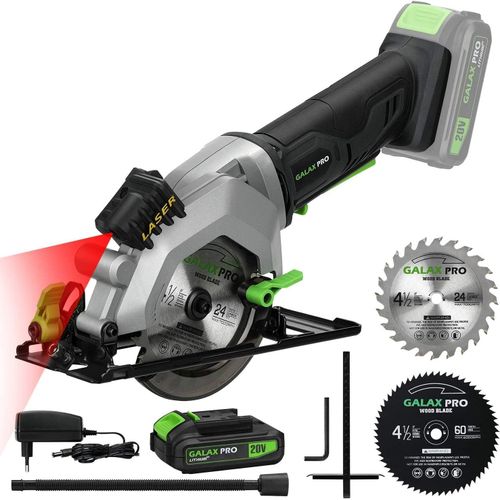 KYAOAYO-Mini Scie Circulaire, Scie Circulaire Professionnelle Sans Fil 20 V 3400 Tr/Min, Angle Et Profondeur Réglables, Profondeur De Coupe imale 42,8 Mm (90°), 28 Mm (45°), Guide Laser