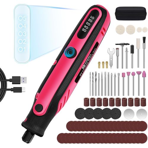 KYAOAYO-Outil Rotatif Sans Fil 4V, 5-Vitesses Mini Perceuse Sans Fil, Outils Rotatifs Multifonction With 86 Accessories Pour Sculpture, Polis , Ponçage, Perçage, Meuler, Découpe Et Bricolage, Rose