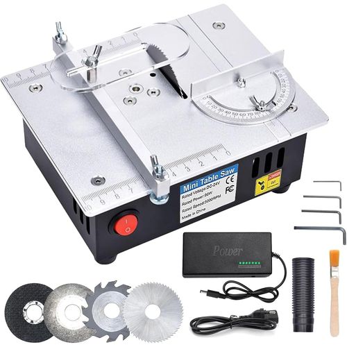 KYAOAYO-Mini Scie Circulaire De Table Avec 4 Lames, Alimentation 7 Vitesses Réglable Table Saw De Précision, 96W Scies Circulaires De Table Portable 0,1-15Mm Lame De Scie Réglable En Hauteur Et Volet