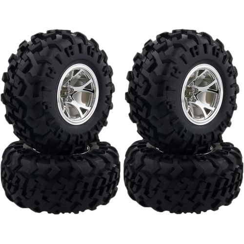 KYAOAYO-Lot De 4 Roues Et Pneus Rc Monster Truck - 130 Mm - Pneus En Caoutchouc Et Jantes En Plastique - Pour Voiture Crawler Rc 1/10 - Pour Himoto Scx10 Trx4 Hsp i Tamiya Kyosho (Argenté)