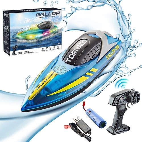 KYAOAYO-Bateau Telecommandé, 2.4 Ghz Bateaux Course Radiocommandés, Haute Vitesse Rc Racing Boat, Haute Vitesse Bateau Rc Pour Enfants Adultes, Rc Bateau De Course Avec Lumières Led Pour Piscines Lac
