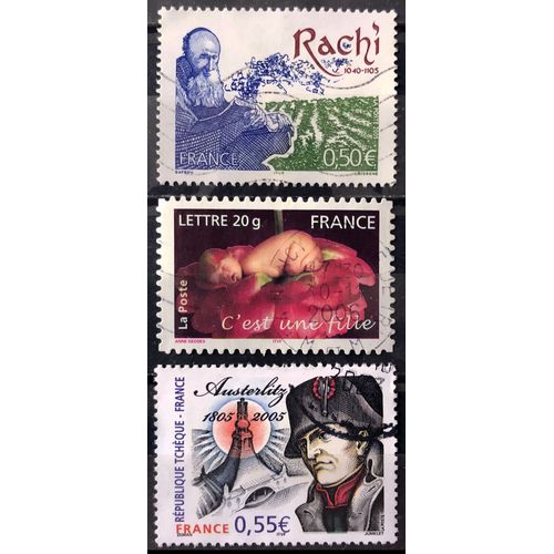 Napoléon -Bicentenaire Bataille D'Austerlitz 0,55 Euros (N° 3782) + Rachi 0,50 Euros (N° 3746) + Timbre Naissance -C'Est Une Fille (Rose) Autoadhésif (N° 3804) Obl -France Année 2005 -Brn83 -N33736