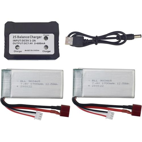 Kyaoayo-2pcs 7.4v 1700mah Batterie & 2en1chargeur Pour 9205e 9203e 9204e 9206e Hb101 2.4g 1:10 Pleine Échelle Rc À Quatre Roues Motrices Haute Vitesse Batterie De Voiture-Zygy