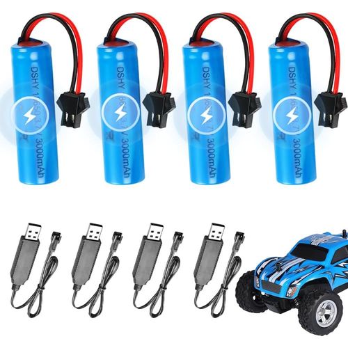 KYAOAYO-4 Pièces 3.7V 3000Mah Li-Ion Battery, Akku 18650 Rechargeables Avec 4 Prises Sm-2P Et Un Chargeur Usb, Li Ion Power Ersatz Akku Für Rc Fahrzeuge, Boote, Panzer, Autos, Schiffe,Roboter