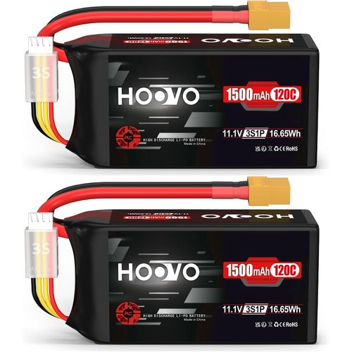 Kyaoayo-Lot De 2 Batteries Lipo 3s - 11,1 V - 120 C - 1500 Mah - Graphène - Avec Prise Xt60 - Batterie Rechargeable Pour Drone De Course Fpv, Quadcopter, Hélicoptère, Avion, Bateau, Modèles Rv-Hoovo