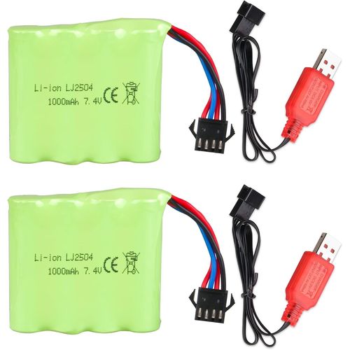 Kyaoayo-2pcs 7.4 V 1000 Mah Batterie Lithium Avec Prise Sm-4p Et Câble De Charge Usb Pour Rc Voiture Bateau Camion, De36w De65 No.1809 Voiture Jouet Rc, Voiture Tout-Terrain-Aofonchy