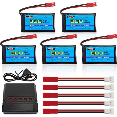 Kyaoayo-5pcs 3,7v 800mah 30c Jst Plug Lipo Batterie Avec Chargeur 5-En-1 Pour Syma X56w Mjx X400w X300c X800 Hs110 Hs200 S670 V950hd S1750 V2450 Quadcopter Télécommandé-Amzzn