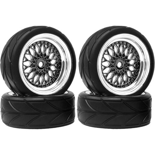KYAOAYO-Lot De 4 Pneus Et Roues De Voiture Rc 64 Mm En Caoutchouc Et Jantes Plaquées Plastique Hexagonales De 12 Mm Pour 1/10 Rc Sur Route De Tourisme (Noir/Argent), D4Tirewjruk