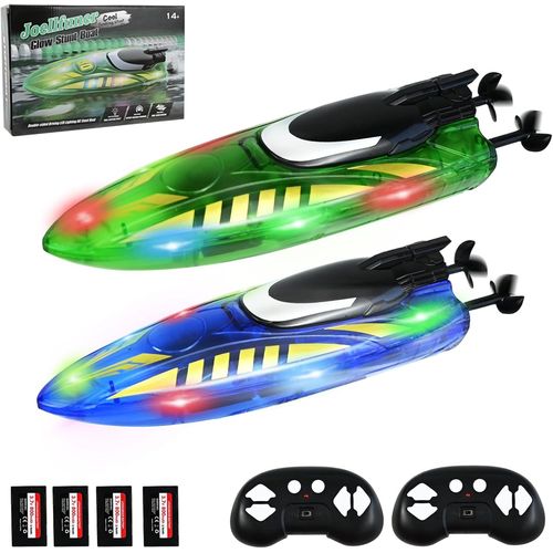 KYAOAYO-Bateau Telecommandé Enfant, 2 Pièces Rc Bateau Avec Lumières Led, Rc Boat Avec Alarme De Batterie Faible, 2,4 Ghz Haute Vitesse Bateaux Pour Piscines Et Lacs, Bleu Et Vert